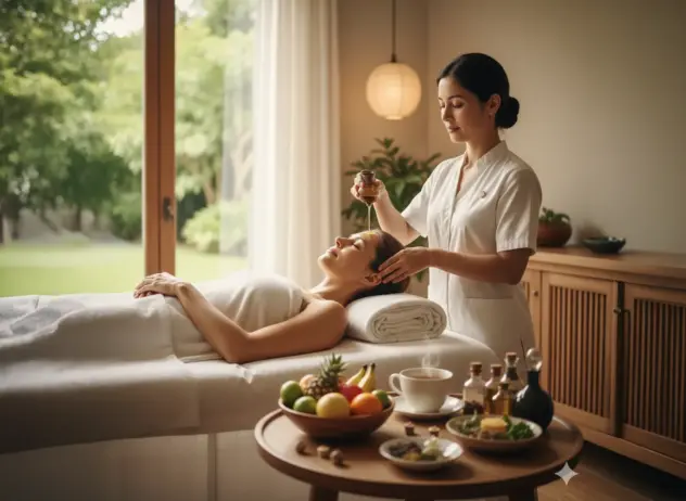 Entspannte Frau bei einer Ayurveda Frauen Kur während einer Stirnguss-Behandlung (Shirodhara) mit Kräutertee und Obst im Vordergrund.