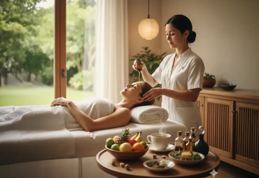 Entspannte Frau bei einer Ayurveda Frauen Kur während einer Stirnguss-Behandlung (Shirodhara) mit Kräutertee und Obst im Vordergrund.