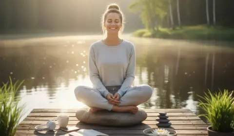 Eine Frau macht Achtsamkeitsübungen am See bei Sonnenaufgang, um ihre innere Ruhe zu finden.