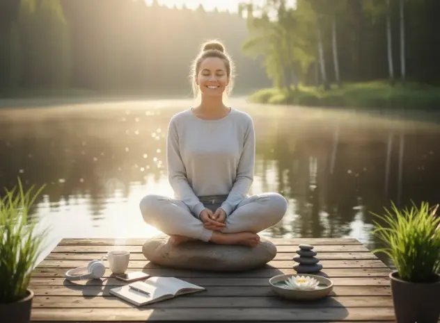 Eine Frau macht Achtsamkeitsübungen am See bei Sonnenaufgang, um ihre innere Ruhe zu finden.