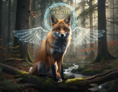Mystischer Fuchs im dichten Wald mit leuchtender Aura und klugen Augen, Symbol für das Krafttier Fuchs und energetische Tarnung.