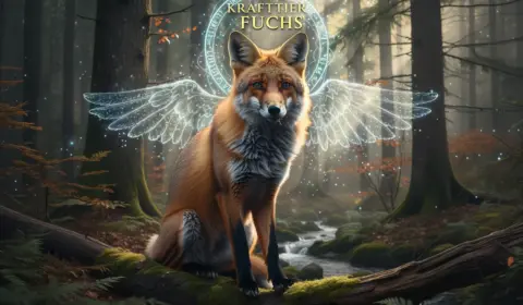 Mystischer Fuchs im dichten Wald mit leuchtender Aura und klugen Augen, Symbol für das Krafttier Fuchs und energetische Tarnung.