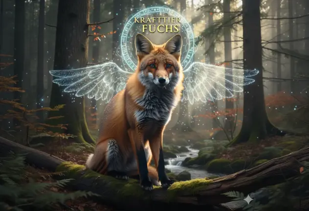 Mystischer Fuchs im dichten Wald mit leuchtender Aura und klugen Augen, Symbol für das Krafttier Fuchs und energetische Tarnung.