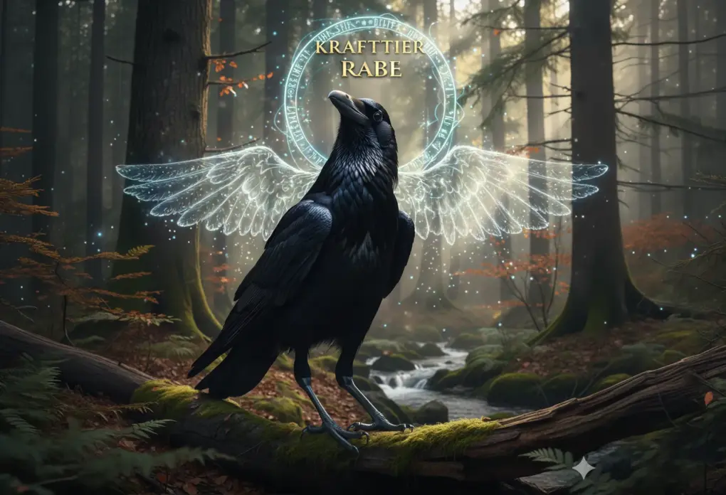 Mystischer Rabe auf einem bemoosten Ast im nebligen Wald, umgeben von sanftem Licht, Symbol für das Krafttier Rabe und die Magie der Zwischenwelten.