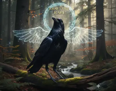 Mystischer Rabe auf einem bemoosten Ast im nebligen Wald, umgeben von sanftem Licht, Symbol für das Krafttier Rabe und die Magie der Zwischenwelten.