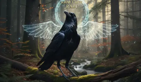 Mystischer Rabe auf einem bemoosten Ast im nebligen Wald, umgeben von sanftem Licht, Symbol für das Krafttier Rabe und die Magie der Zwischenwelten.