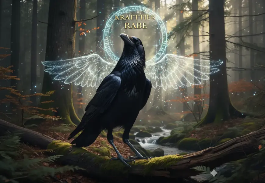 Mystischer Rabe auf einem bemoosten Ast im nebligen Wald, umgeben von sanftem Licht, Symbol für das Krafttier Rabe und die Magie der Zwischenwelten.