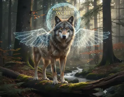 Fotorealistischer Wolf als Krafttier in einem mystischen Wald mit leuchtenden Flügeln aus Lichtpartikeln und einer goldenen Aura.
