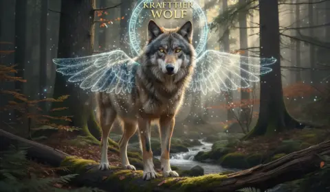 Fotorealistischer Wolf als Krafttier in einem mystischen Wald mit leuchtenden Flügeln aus Lichtpartikeln und einer goldenen Aura.