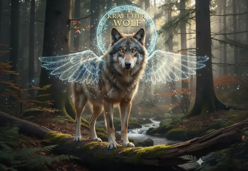 Fotorealistischer Wolf als Krafttier in einem mystischen Wald mit leuchtenden Flügeln aus Lichtpartikeln und einer goldenen Aura.