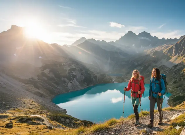 Zwei Yoga Frauen wandern in den Bergen