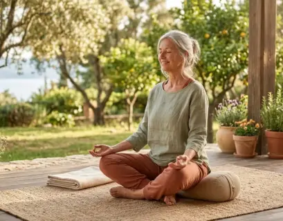 Entpannte Frau ab 60 bei einer Yoga-Auszeit auf einer Terrasse in der Natur, sitzend auf einem Yoga-Kissen in Meditationshaltung.