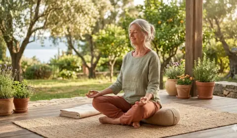 Entpannte Frau ab 60 bei einer Yoga-Auszeit auf einer Terrasse in der Natur, sitzend auf einem Yoga-Kissen in Meditationshaltung.