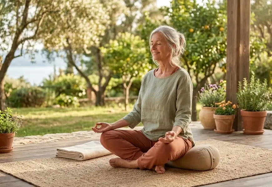 Entpannte Frau ab 60 bei einer Yoga-Auszeit auf einer Terrasse in der Natur, sitzend auf einem Yoga-Kissen in Meditationshaltung.