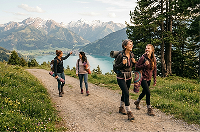 Vier glückliche Frauen beim Yoga-Wandern in den Bergen vor einer Seekulisse – eine Auszeit für die Seele nehmen.