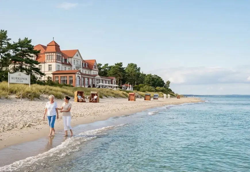 Patienten beim entspannten Spaziergang am Strand vor einer Kurklinik an der Ostsee