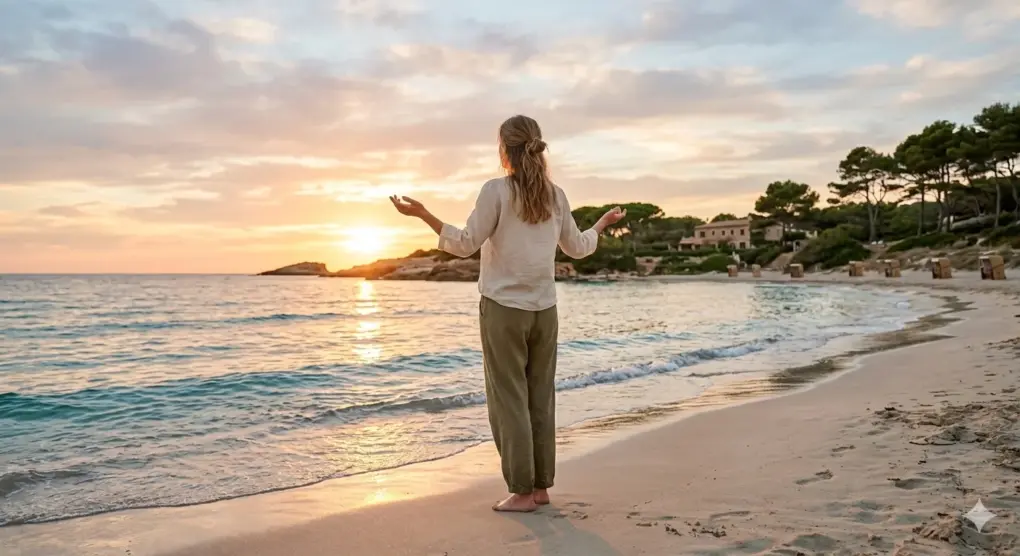 Eine alleinreisende Frau am Strand bei Sonnenuntergang, die ihre Arme öffnet und die Freiheit an einem sicheren Reiseziel genießt.