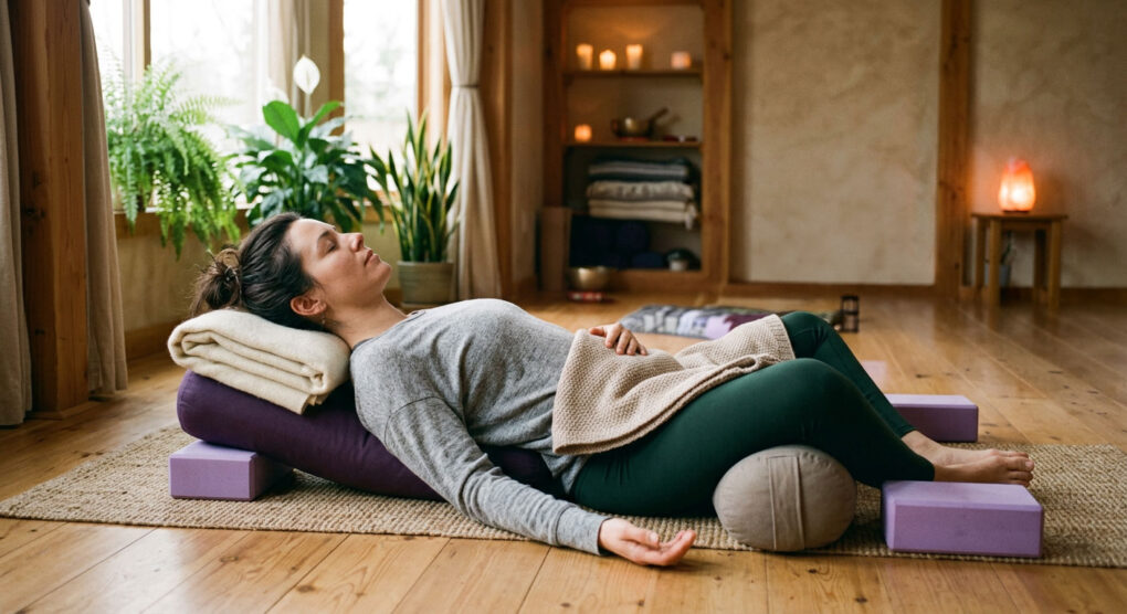Frau praktiziert eine unterstützte Restorative Yoga Pose mit Bolster und Blöcken zur Entspannung und Hilfe bei Schlafstörungen.