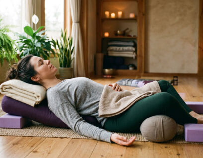 Frau praktiziert eine unterstützte Restorative Yoga Pose mit Bolster und Blöcken zur Entspannung und Hilfe bei Schlafstörungen.