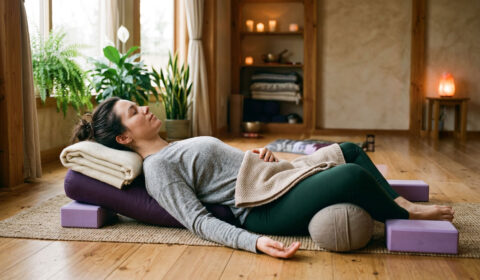 Frau praktiziert eine unterstützte Restorative Yoga Pose mit Bolster und Blöcken zur Entspannung und Hilfe bei Schlafstörungen.