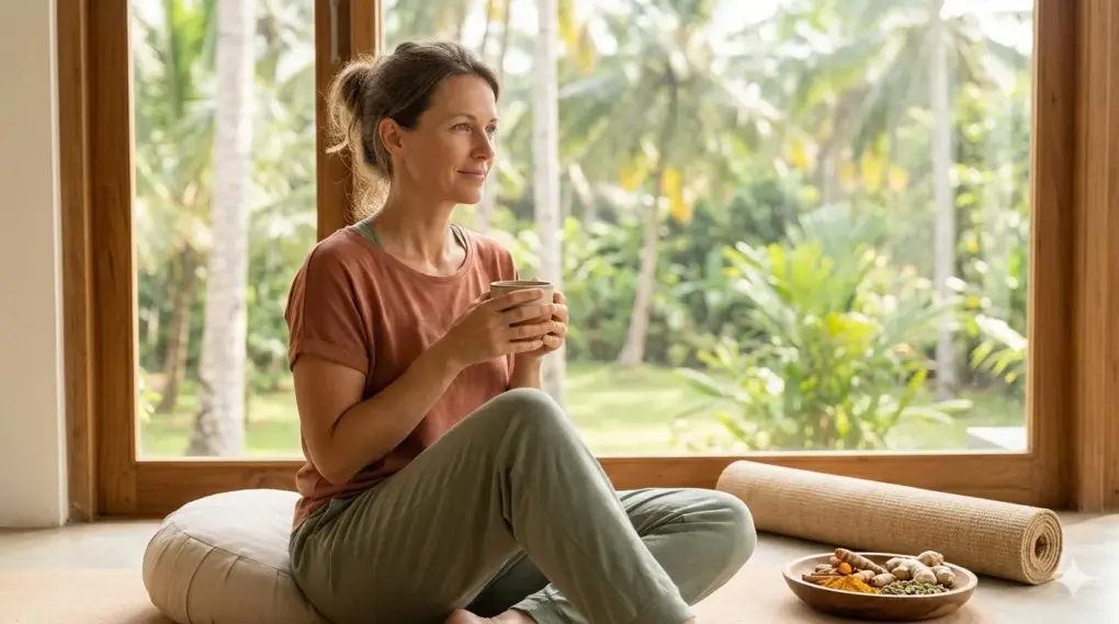 Frau um die 45 genießt Ruhe während einer Ayurveda Hormonkur gegen ständige Müdigkeit trotz viel Schlaf in der Perimenopause.