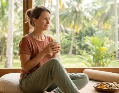 Frau um die 45 genießt Ruhe während einer Ayurveda Hormonkur gegen ständige Müdigkeit trotz viel Schlaf in der Perimenopause.