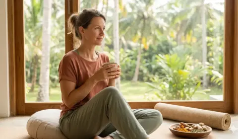 Frau um die 45 genießt Ruhe während einer Ayurveda Hormonkur gegen ständige Müdigkeit trotz viel Schlaf in der Perimenopause.