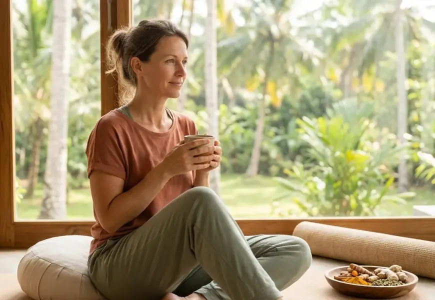 Frau um die 45 genießt Ruhe während einer Ayurveda Hormonkur gegen ständige Müdigkeit trotz viel Schlaf in der Perimenopause.