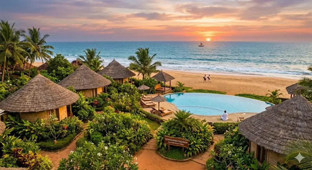 Soma Manaltheeram Ayurveda Beach Village in Kerala, Indien: Traditionelle Cottages mit Reetdächern, Pool und Blick auf den Indischen Ozean bei Sonnenuntergang.