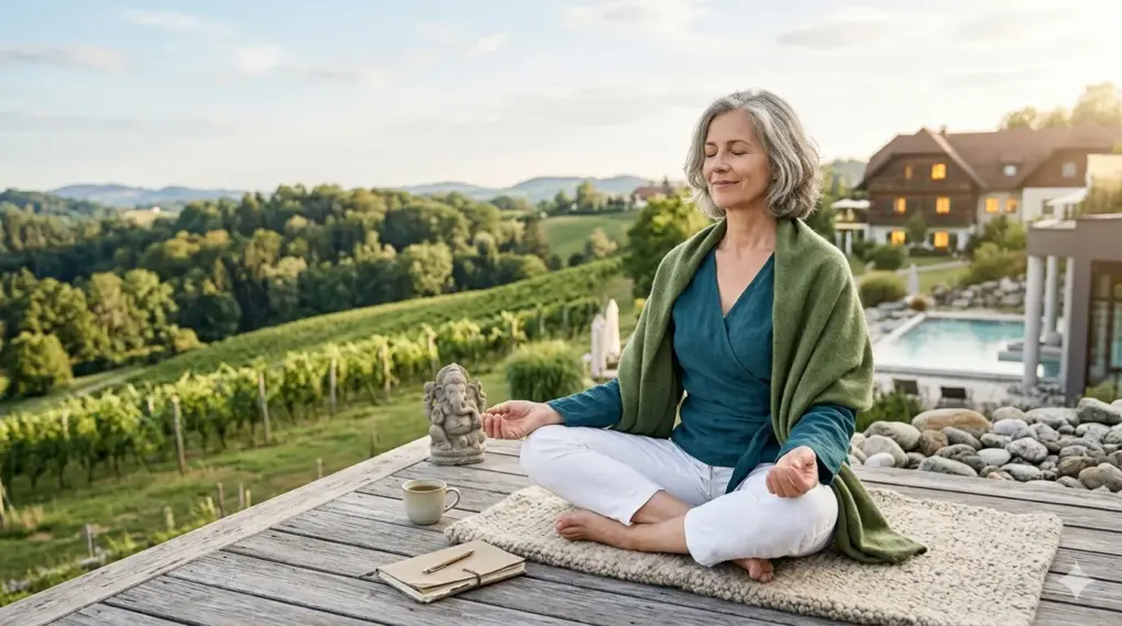 Eine entspannte Frau mittleren Alters meditiert im Freien auf einer Holzplattform mit Blick auf die hügelige Landschaft der Steiermark bei einem Ayurveda-Urlaub gegen Burnout.
