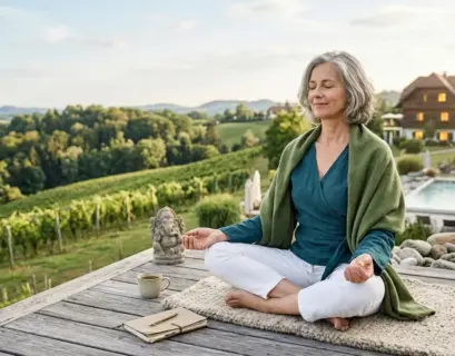 Eine entspannte Frau mittleren Alters meditiert im Freien auf einer Holzplattform mit Blick auf die hügelige Landschaft der Steiermark bei einem Ayurveda-Urlaub gegen Burnout.
