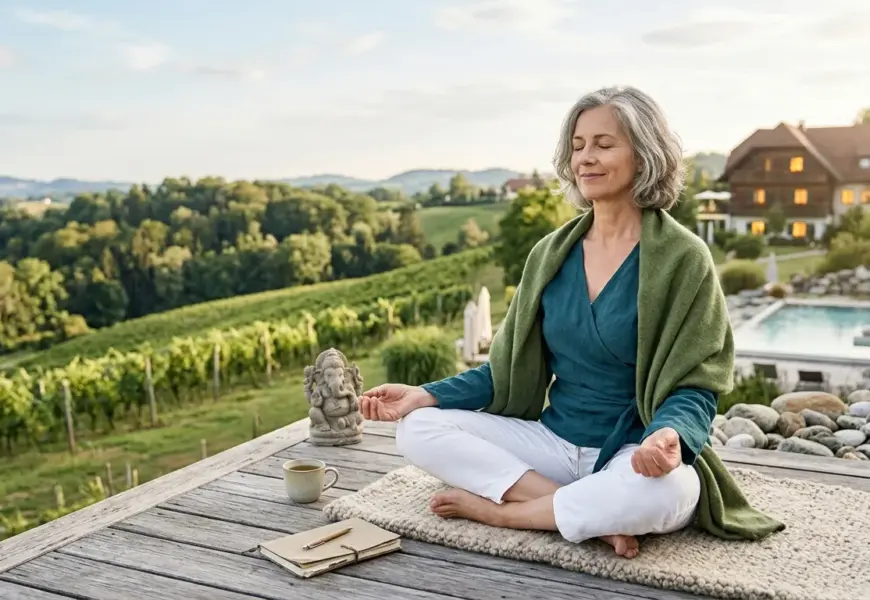 Eine entspannte Frau mittleren Alters meditiert im Freien auf einer Holzplattform mit Blick auf die hügelige Landschaft der Steiermark bei einem Ayurveda-Urlaub gegen Burnout.