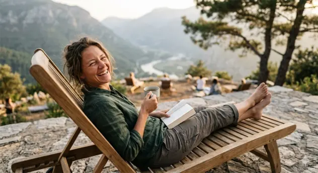 Eine glückliche Frau mittleren Alters entspannt sich während einer Gesundheitsreise für Alleinreisende. Sie liegt barfuß auf einer Holzliege, hält eine Tasse und ein Buch, während im Hintergrund ein weites Flusstal und bewaldete Berge im Abendlicht zu sehen sind.