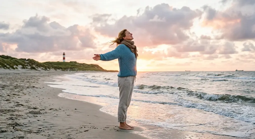 Entpannte Frau am Strand bei Sonnenaufgang, die tief einatmet und die Heilkraft der Klimatherapie genießt.