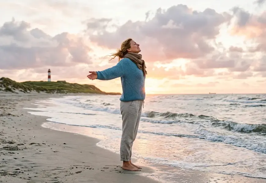 Entpannte Frau am Strand bei Sonnenaufgang, die tief einatmet und die Heilkraft der Klimatherapie genießt.