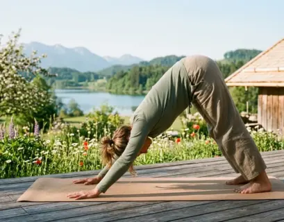 Authentisches Foto einer Frau, die während eines Pfingsten Yoga Retreats den Herabschauenden Hund (Adho Mukha Svanasana) auf einer Holzterrasse ausführt