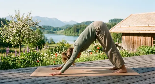 Authentisches Foto einer Frau, die während eines Pfingsten Yoga Retreats den Herabschauenden Hund (Adho Mukha Svanasana) auf einer Holzterrasse ausführt