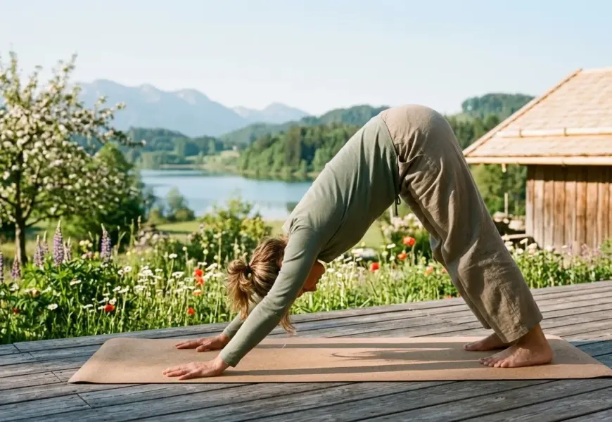 Authentisches Foto einer Frau, die während eines Pfingsten Yoga Retreats den Herabschauenden Hund (Adho Mukha Svanasana) auf einer Holzterrasse ausführt