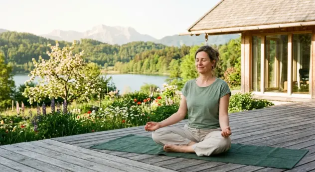 Foto einer Frau, die während eines Pfingsten Yoga Retreats entspannt auf einer Holzterrasse meditiert, im Hintergrund ein See und blühende Frühlingsnatur.
