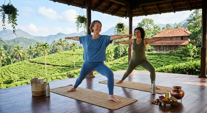 Zwei Frauen über 50 praktizieren Yoga in der Krieger-Pose während eines Ayurveda-Retreats in einer tropischen Hügellandschaft.