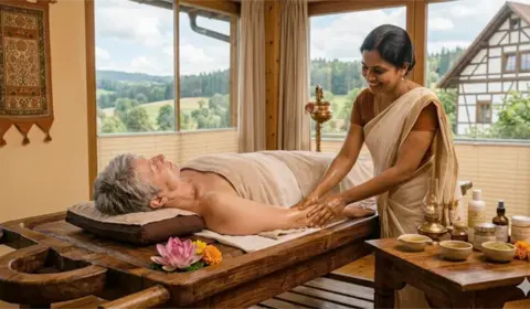 Eine entspannte Frau über 60 bei einer traditionellen Ayurveda-Massage während einer Singlereise für Senioren in einer deutschen Wellness-Einrichtung.