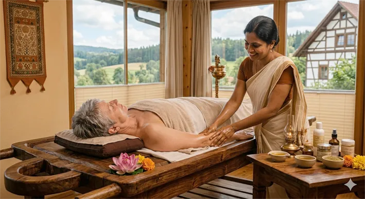 Eine entspannte Frau über 60 bei einer traditionellen Ayurveda-Massage während einer Singlereise für Senioren in einer deutschen Wellness-Einrichtung.