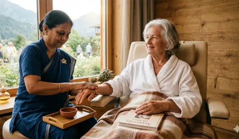 Eine Seniorin über 80 erhält eine sanfte ayurvedische Handmassage mit warmem Öl in einem hellen Wellness-Resort mit Blick auf die Natur.