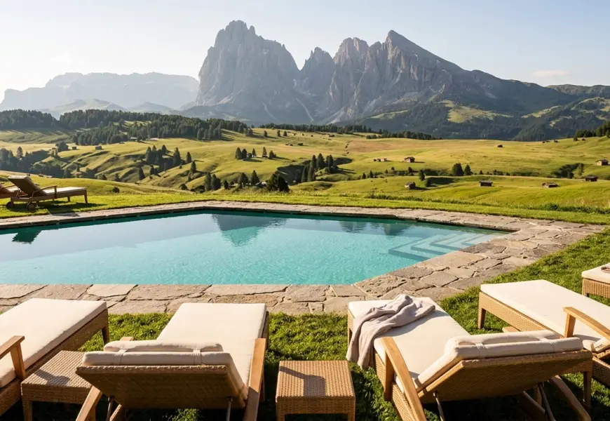 Wellness auf der Alm: Der beheizte Außenpool des Hotels Steger-Dellai bietet Panorama-Aussicht auf die Dolomiten.